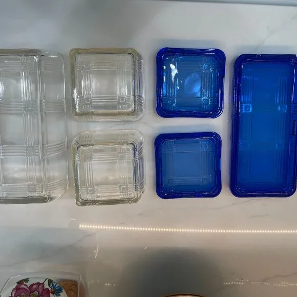 Vintage 1940s Hazel Atlas Refrigerator Dish Set (6 total pieces)